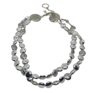 SILVER tone double layer statement metal beaded layered look trendy necklace.